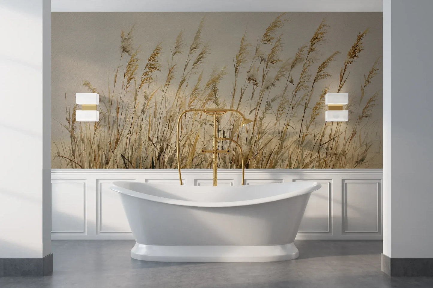Wzór fototapety DUNE BALLET - tapeta z beżowymi trawami w naturalnej kompozycji pokazanej w aranżacji łazienki.