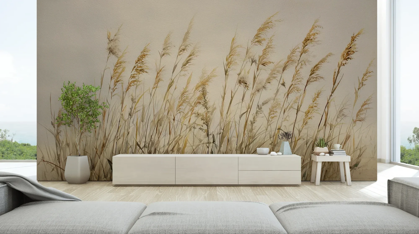 Wzór fototapety DUNE BALLET - tapeta z beżowymi trawami w naturalnej kompozycji pokazanej w aranżacji salonu.