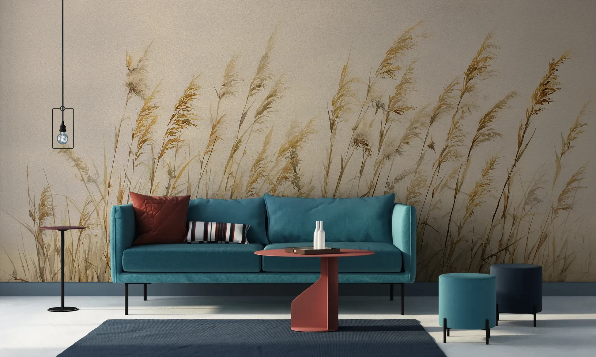 Wzór fototapety DUNE BALLET - tapeta z beżowymi trawami w naturalnej kompozycji pokazanej w aranżacji salonu.