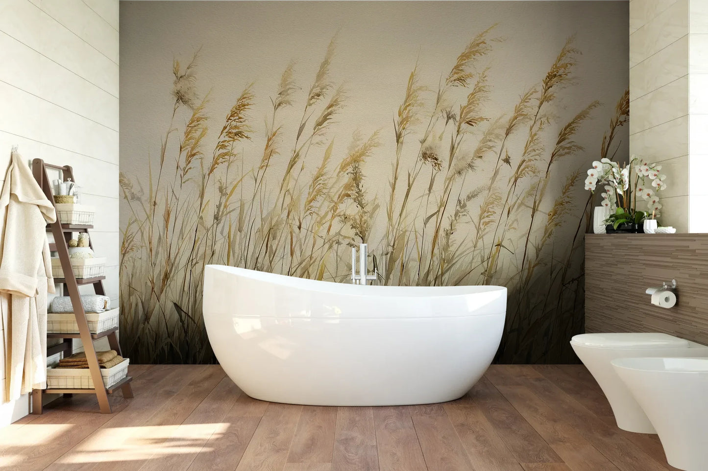 Wzór fototapety DUNE BALLET - tapeta z beżowymi trawami w naturalnej kompozycji pokazanej w aranżacji łazienki.