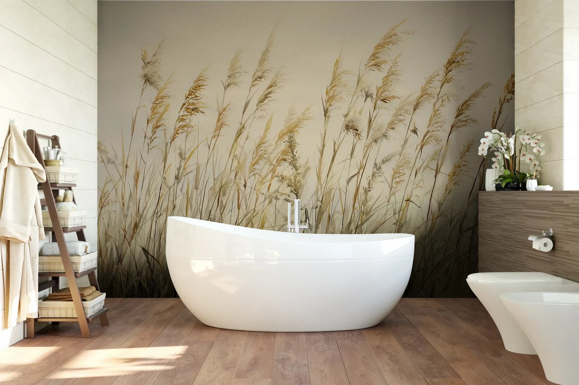 Wzór fototapety DUNE BALLET - tapeta z beżowymi trawami w naturalnej kompozycji pokazanej w aranżacji łazienki.