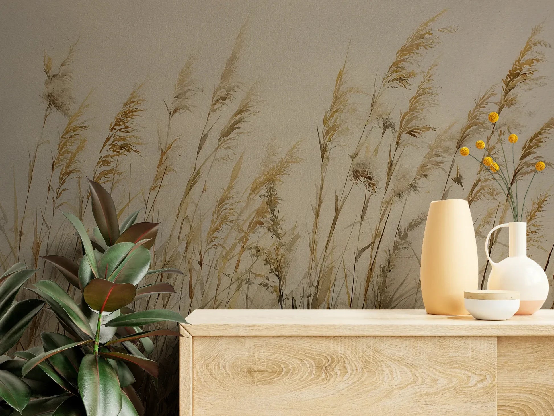Fototapeta DUNE BALLET - tapeta z beżowymi trawami w naturalnej kompozycji pokazana w aranżacji wnętrza z akcentem na ścianie.