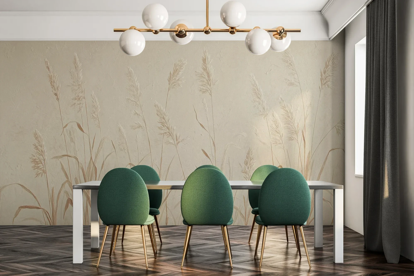 Fototapeta NATURE'S LULLABY - tapeta z delikatnymi źdźbłami traw w beżowej tonacji pokazana w aranżacji jadalni.
