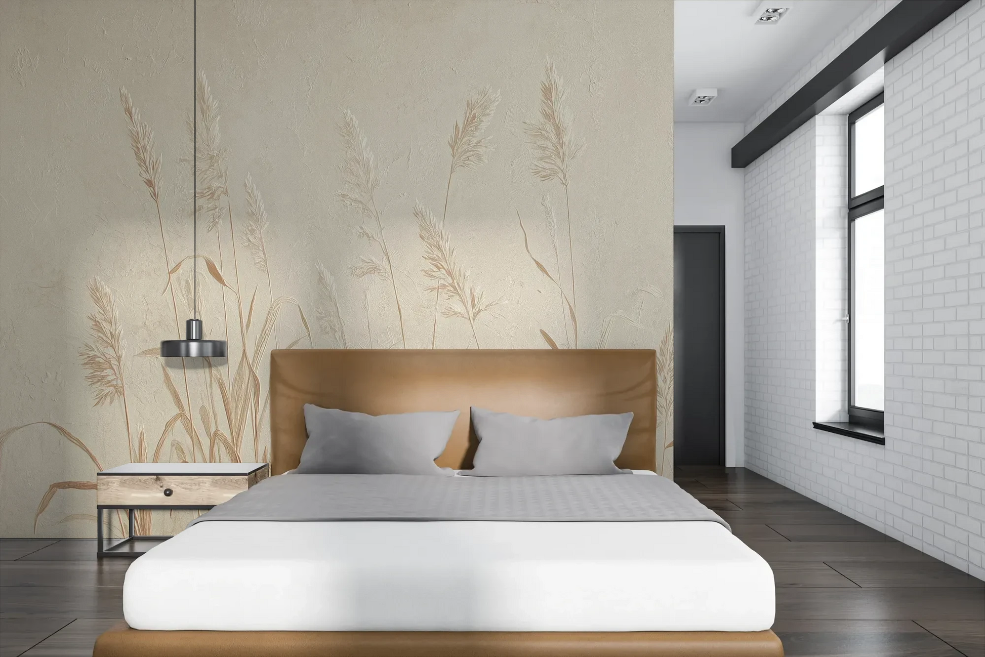 Wzór fototapety NATURE'S LULLABY - tapeta z delikatnymi źdźbłami traw w beżowej tonacji pokazanej w aranżacji sypialni.