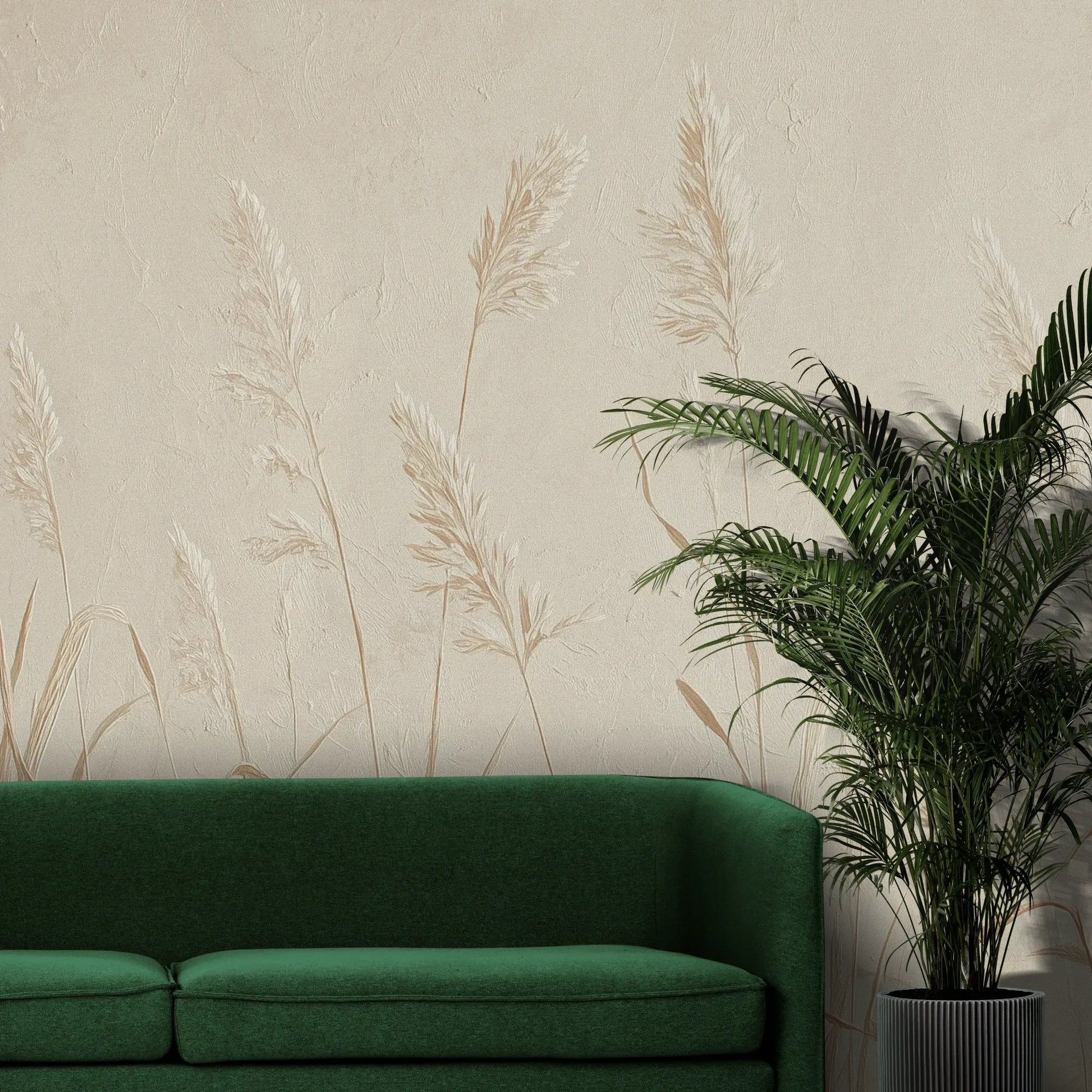 Fototapeta NATURE'S LULLABY - tapeta z delikatnymi źdźbłami traw w beżowej tonacji pokazana w aranżacji wnętrza z akcentem na ścianie.