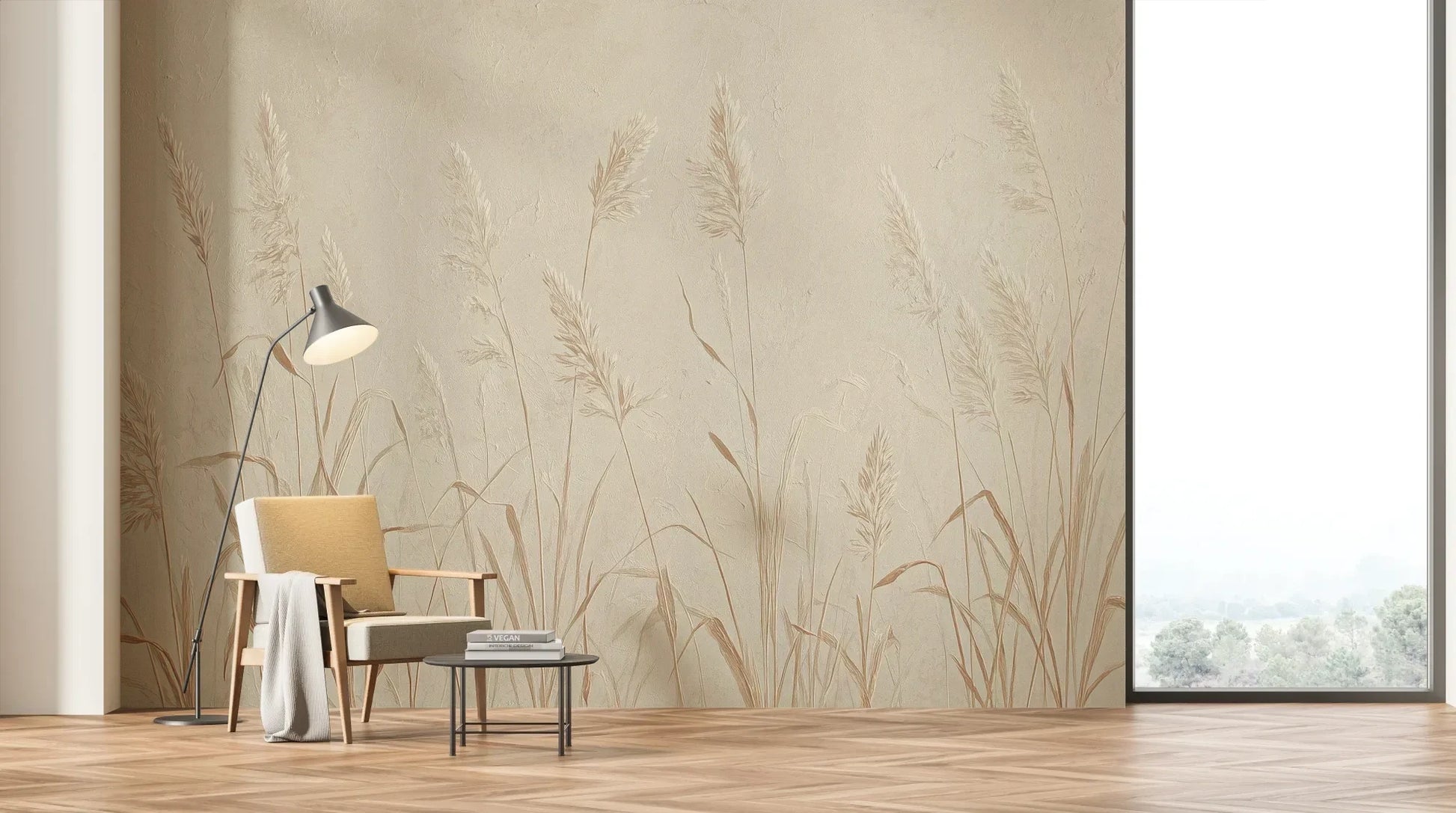 Wzór fototapety NATURE'S LULLABY - tapeta z delikatnymi źdźbłami traw w beżowej tonacji pokazanej w aranżacji salonu.