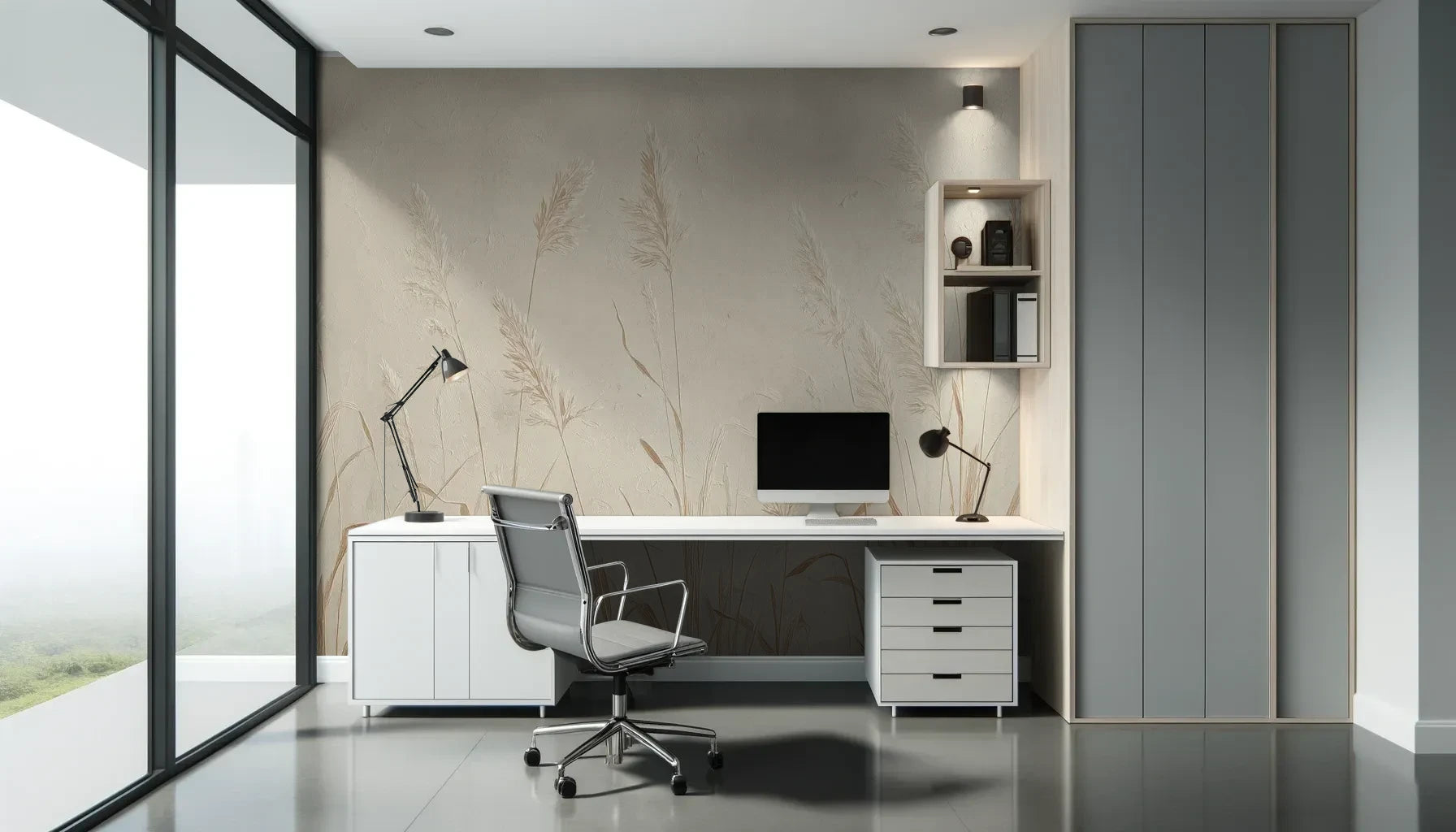 Fototapeta NATURE'S LULLABY - tapeta z delikatnymi źdźbłami traw w beżowej tonacji pokazana w aranżacji biura.