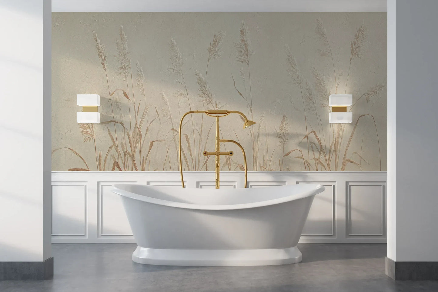 Wzór fototapety NATURE'S LULLABY - tapeta z delikatnymi źdźbłami traw w beżowej tonacji pokazanej w aranżacji łazienki.