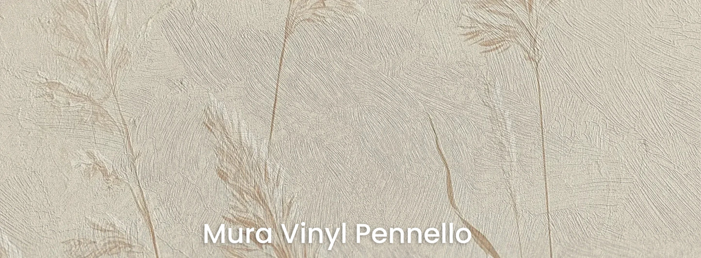 Zbliżenie na fototapetę NATURE'S LULLABY - tapeta z delikatnymi źdźbłami traw w beżowej tonacji na podłożu o fakturze pociągnięć pędzla.