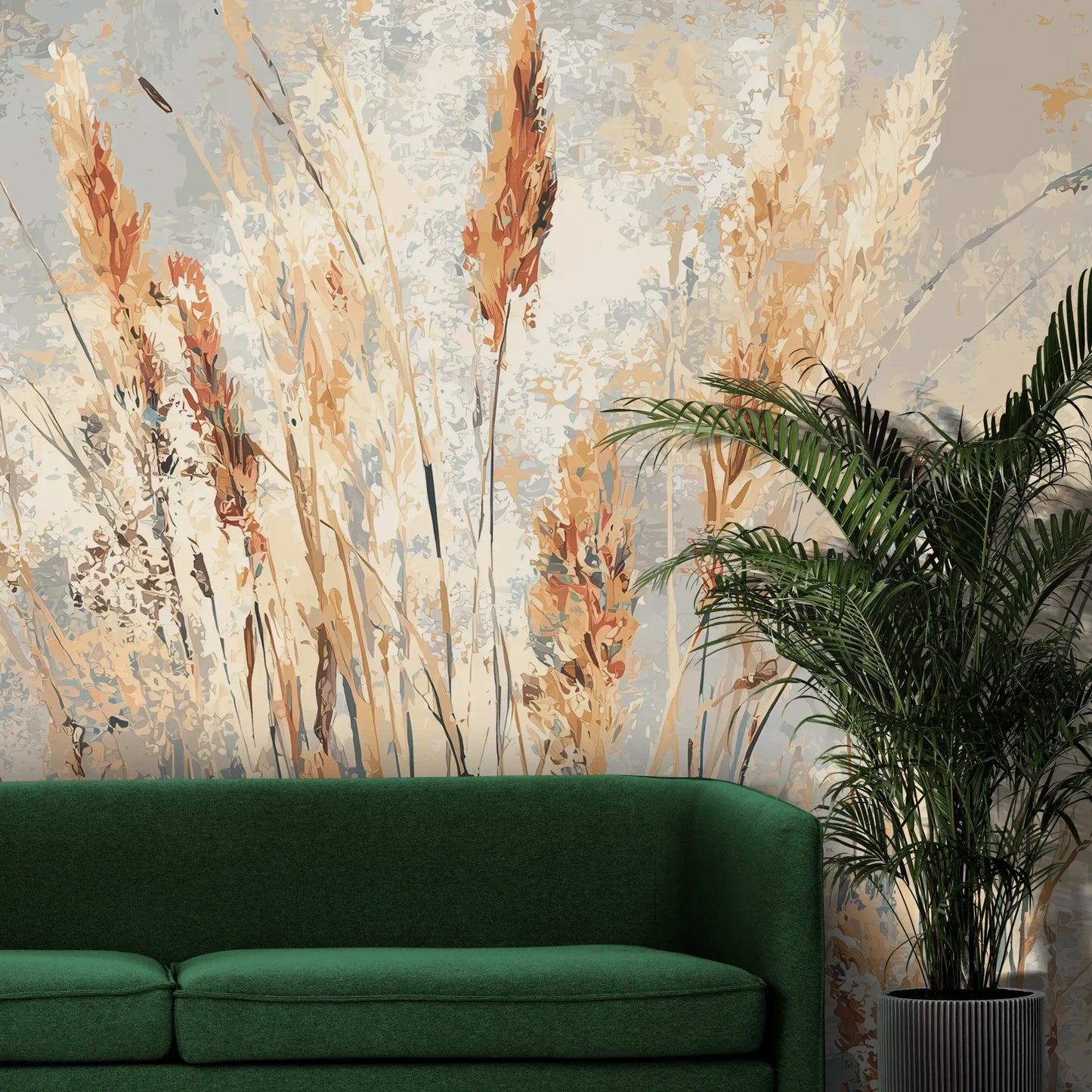 Fototapeta PASTEL POETRY - tapeta z delikatną trawą w pastelowych odcieniach pokazana w aranżacji wnętrza z akcentem na ścianie.