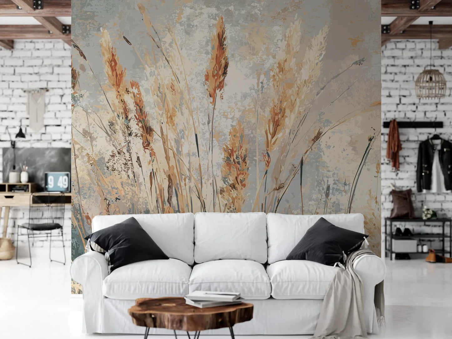 Wzór fototapety PASTEL POETRY - tapeta z delikatną trawą w pastelowych odcieniach pokazanej w aranżacji salonu.
