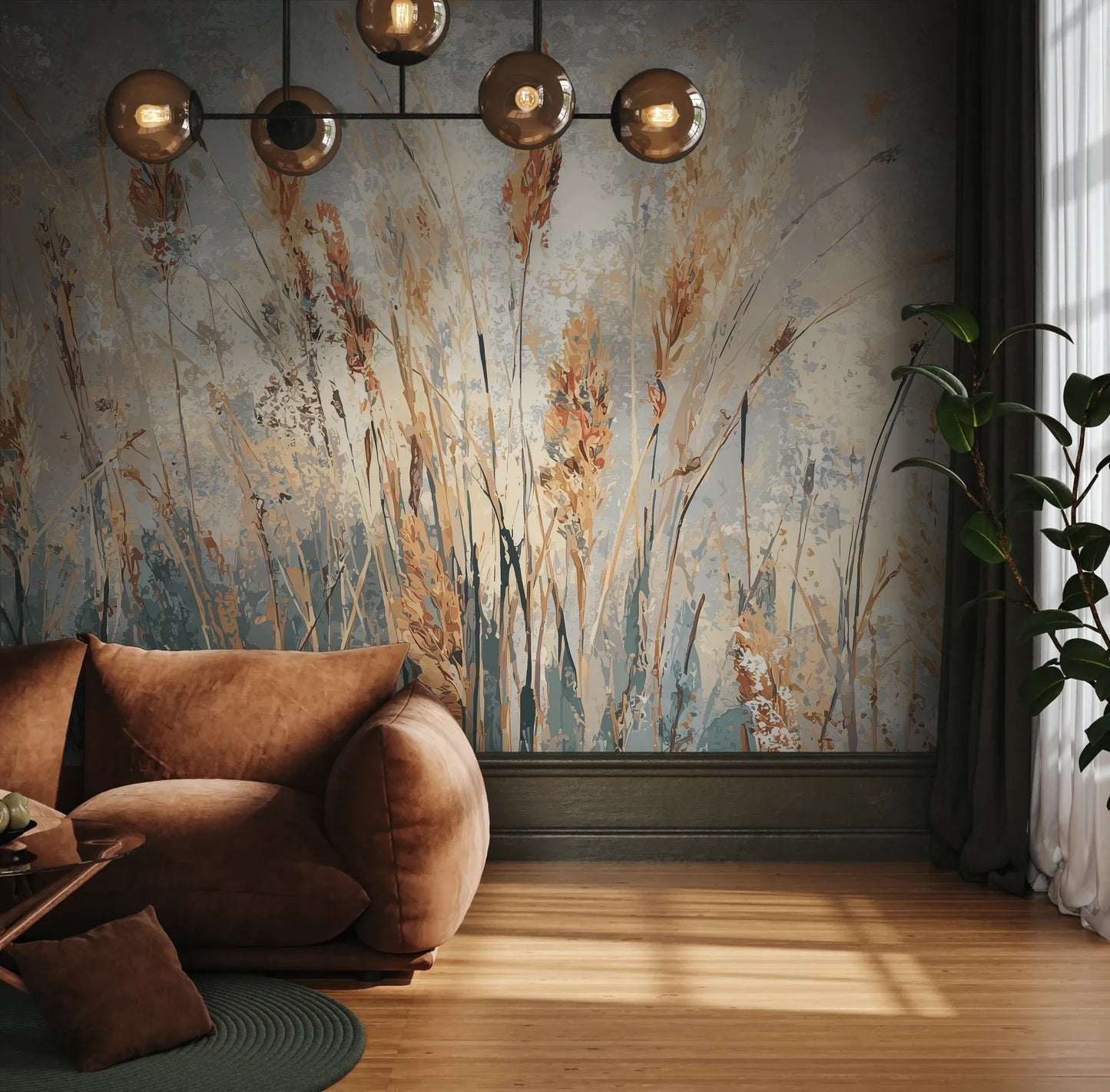 Fototapeta PASTEL POETRY - tapeta z delikatną trawą w pastelowych odcieniach pokazana w aranżacji wnętrza z akcentem na ścianie.