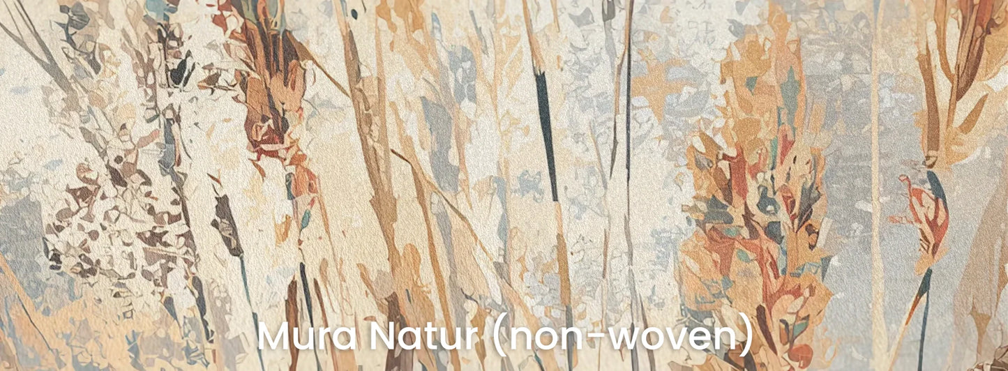Zbliżenie na fototapetę PASTEL POETRY - tapeta z delikatną trawą w pastelowych odcieniach na naturalnym podłożu ekologicznym.