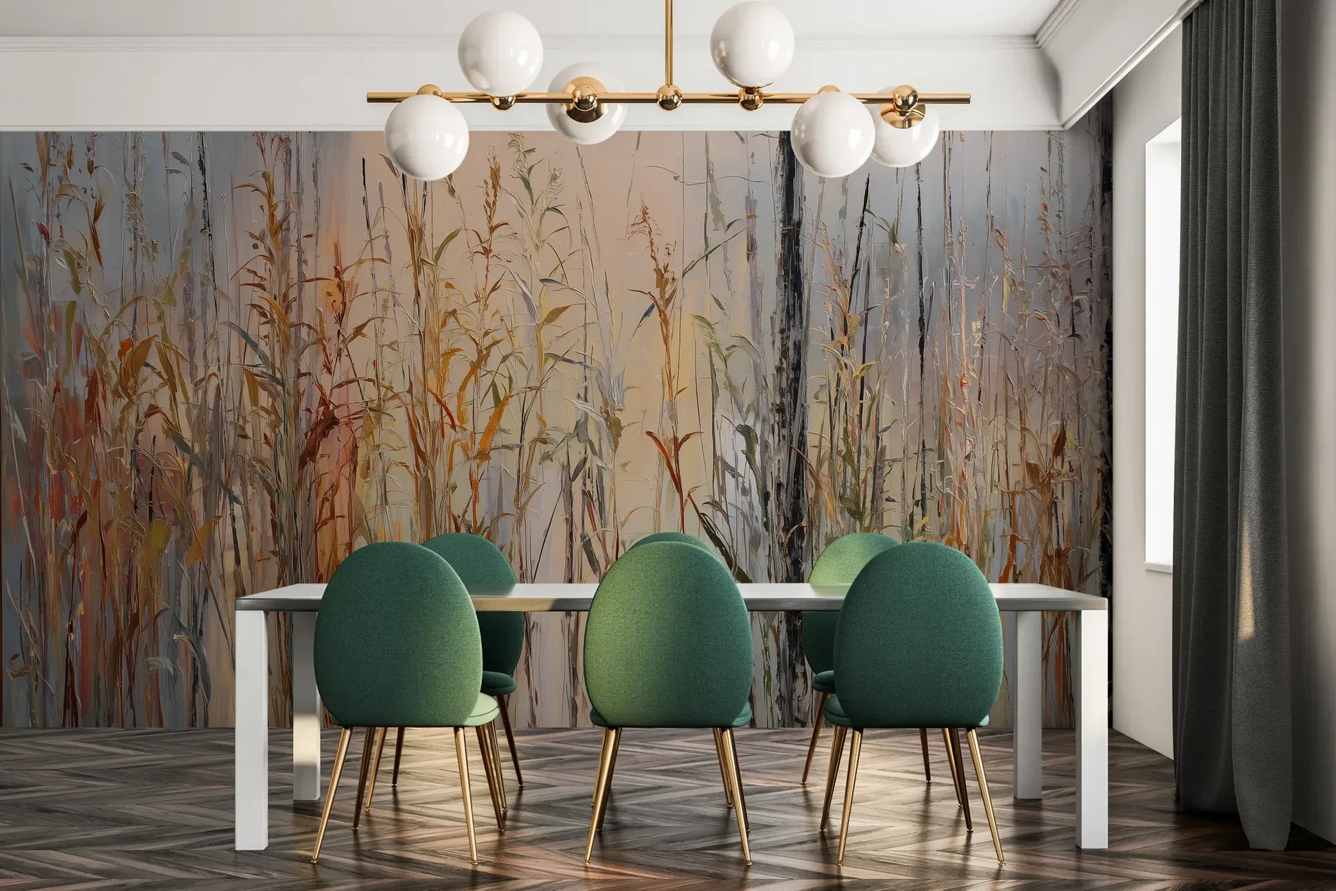 Fototapeta EARTHEN MELODY - tapeta z jesiennymi trawami w impresjonistycznym stylu pokazana w aranżacji jadalni.