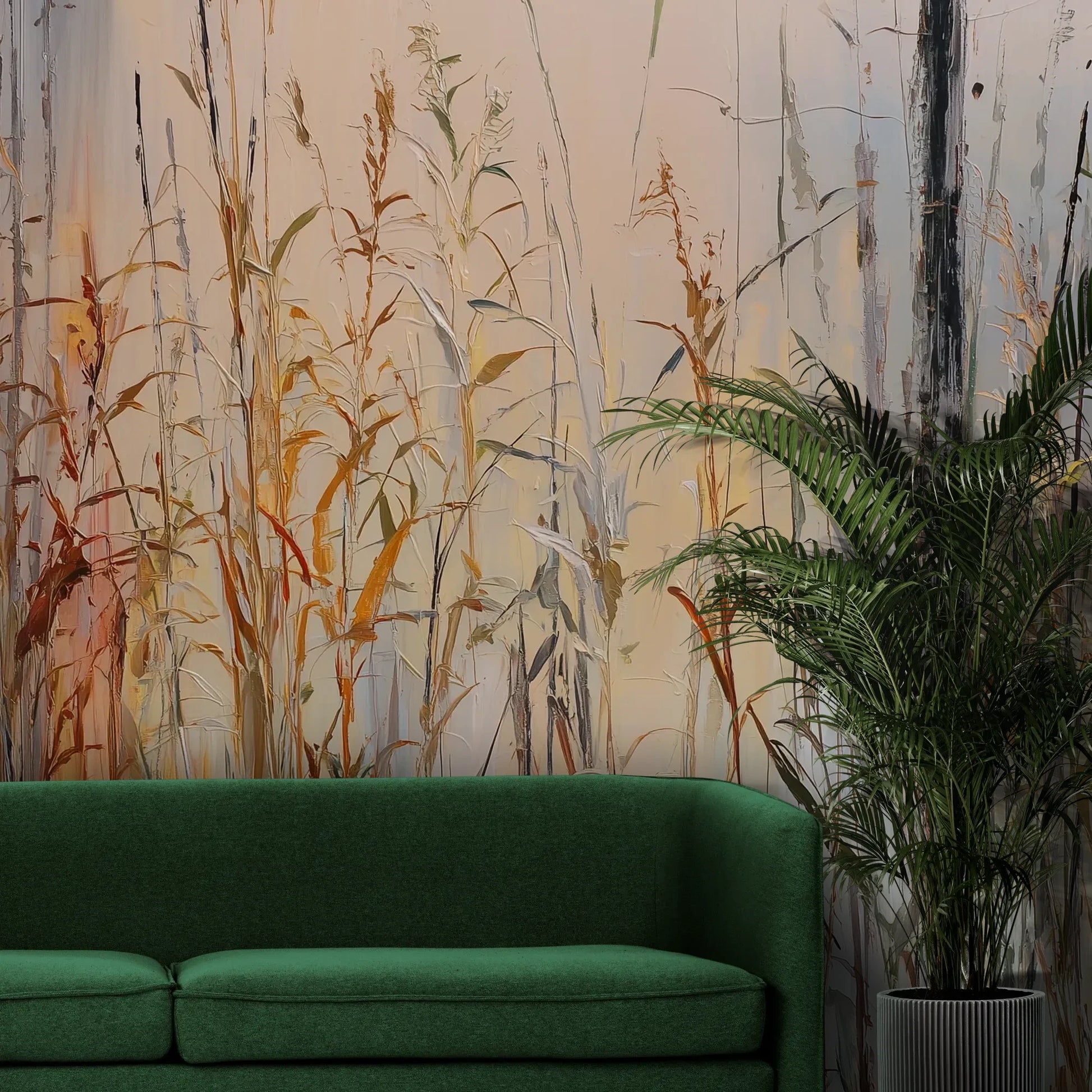 Fototapeta EARTHEN MELODY - tapeta z jesiennymi trawami w impresjonistycznym stylu pokazana w aranżacji wnętrza z akcentem na ścianie.