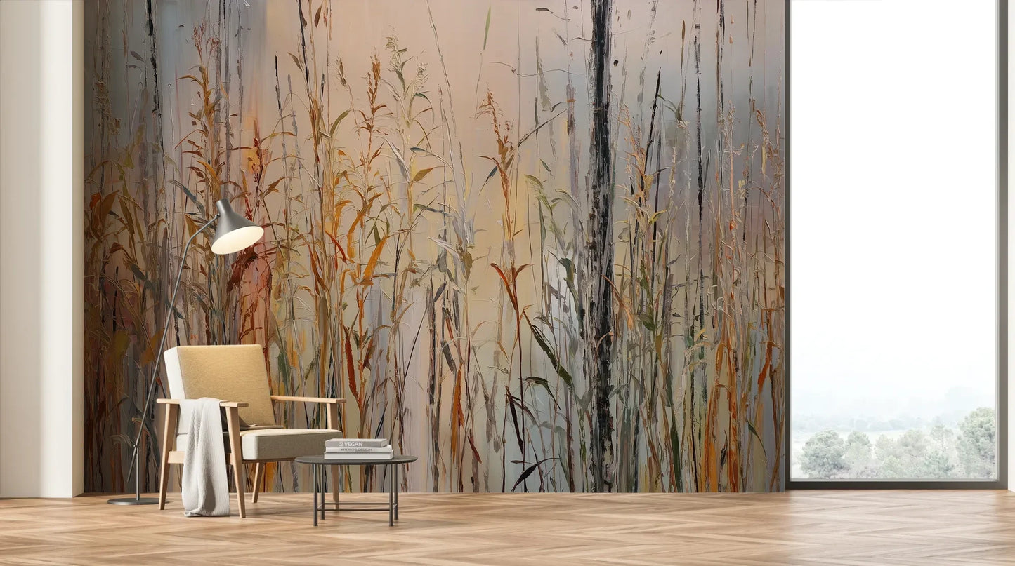Wzór fototapety EARTHEN MELODY - tapeta z jesiennymi trawami w impresjonistycznym stylu pokazanej w aranżacji salonu.