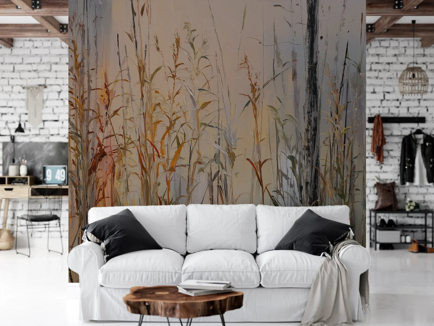 Wzór fototapety EARTHEN MELODY - tapeta z jesiennymi trawami w impresjonistycznym stylu pokazanej w aranżacji salonu.