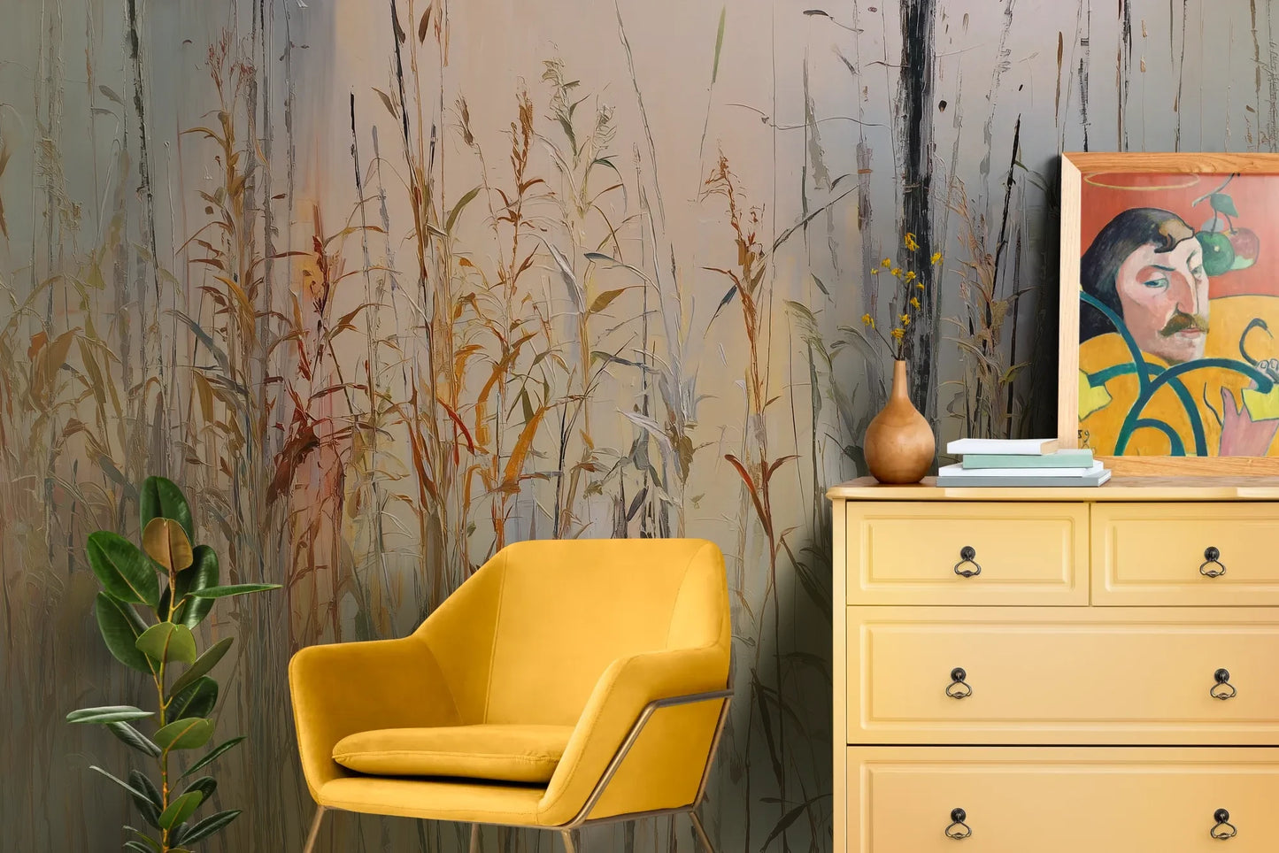 Wzór fototapety EARTHEN MELODY - tapeta z jesiennymi trawami w impresjonistycznym stylu pokazanej w aranżacji salonu.