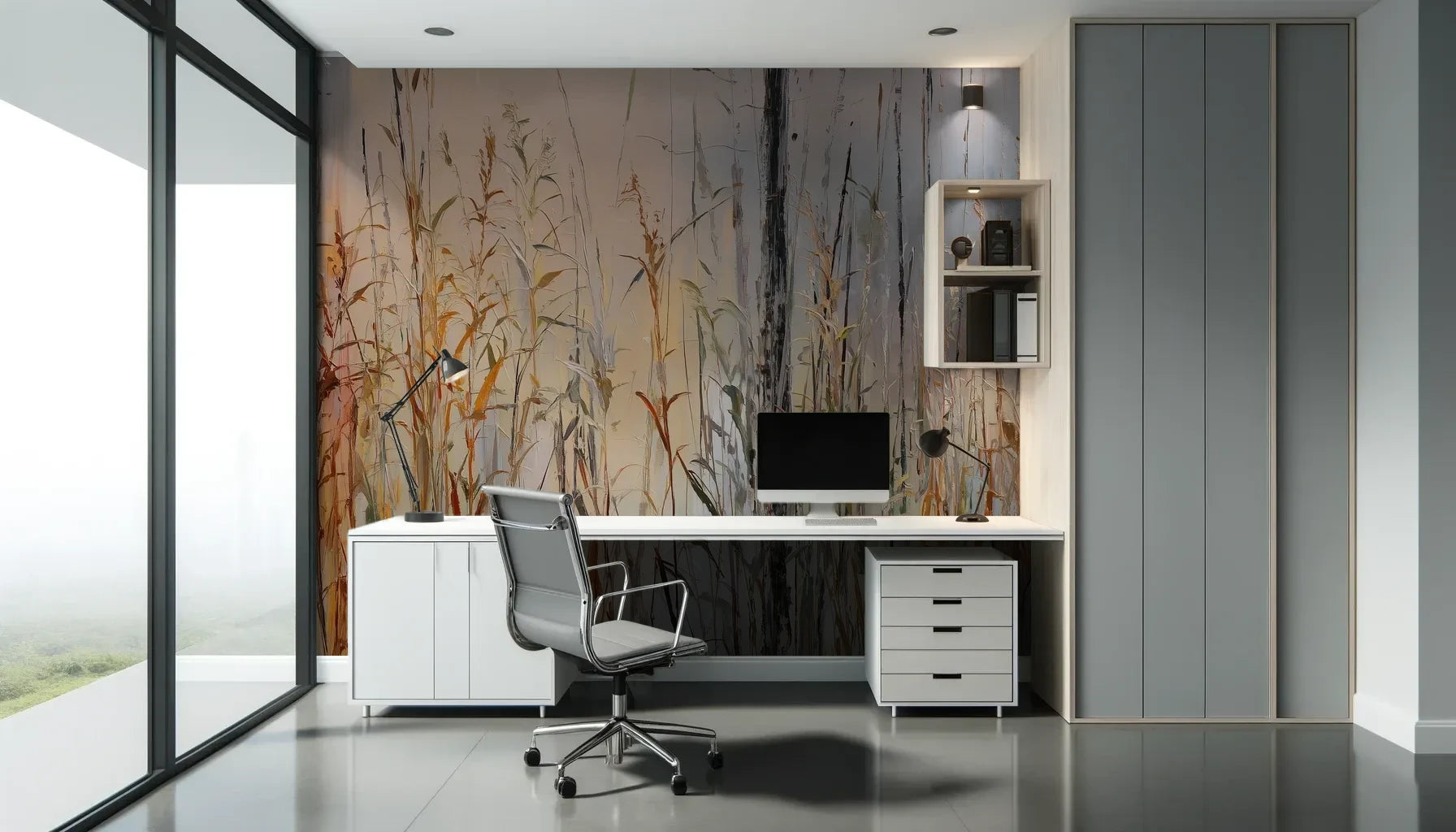 Fototapeta EARTHEN MELODY - tapeta z jesiennymi trawami w impresjonistycznym stylu pokazana w aranżacji biura.