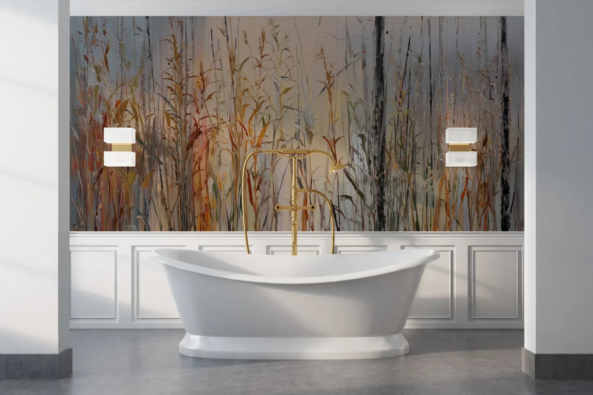 Wzór fototapety EARTHEN MELODY - tapeta z jesiennymi trawami w impresjonistycznym stylu pokazanej w aranżacji łazienki.