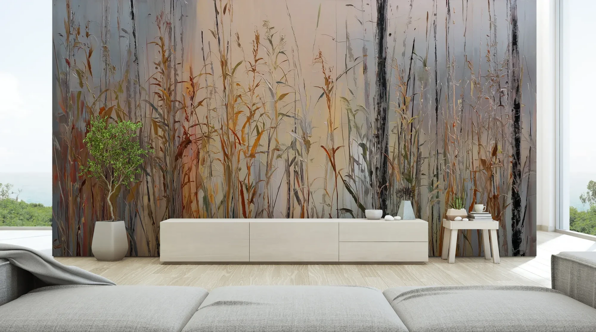 Wzór fototapety EARTHEN MELODY - tapeta z jesiennymi trawami w impresjonistycznym stylu pokazanej w aranżacji salonu.