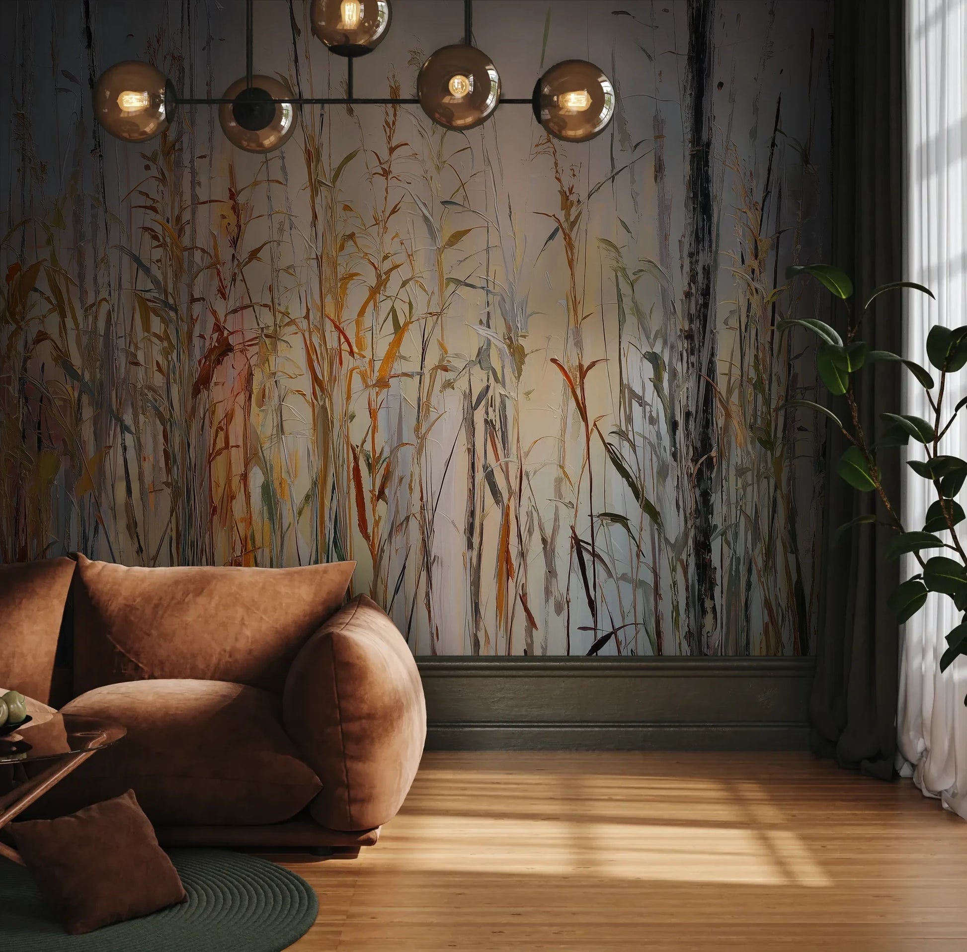 Fototapeta EARTHEN MELODY - tapeta z jesiennymi trawami w impresjonistycznym stylu pokazana w aranżacji wnętrza z akcentem na ścianie.