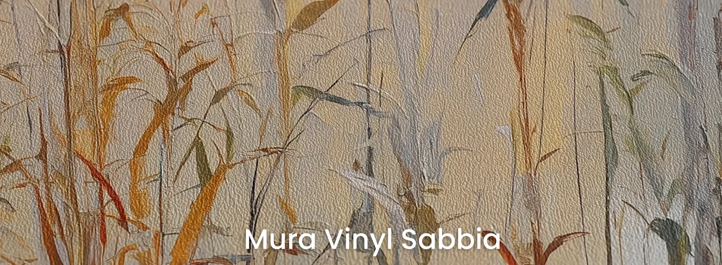 Zbliżenie na fototapetę EARTHEN MELODY - tapeta z jesiennymi trawami w impresjonistycznym stylu na podłożu o strukturze ziarna piasku.