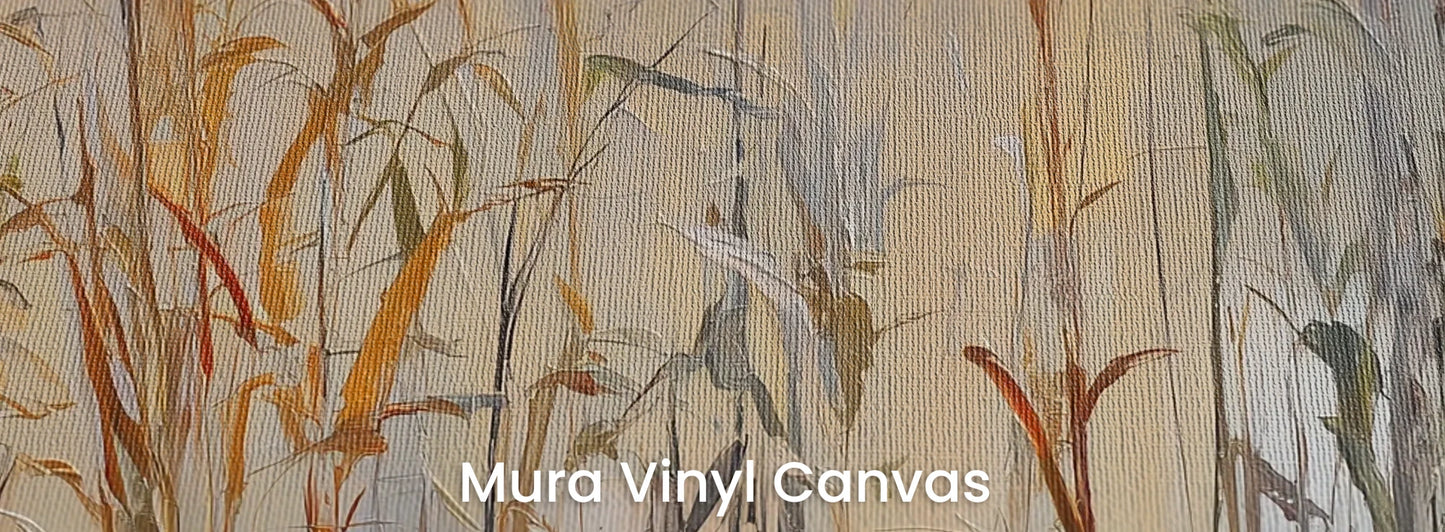 Zbliżenie na fototapetę EARTHEN MELODY - tapeta z jesiennymi trawami w impresjonistycznym stylu na podłożu o fakturze płótna.