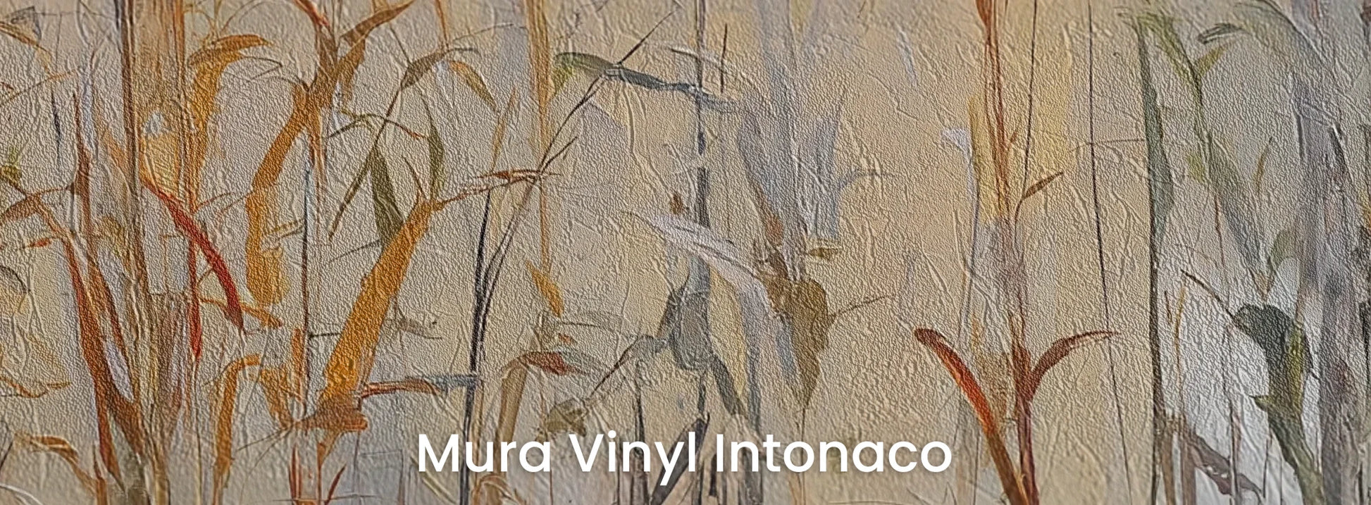 Zbliżenie na fototapetę EARTHEN MELODY - tapeta z jesiennymi trawami w impresjonistycznym stylu na podłożu o strukturze tartego tynku.