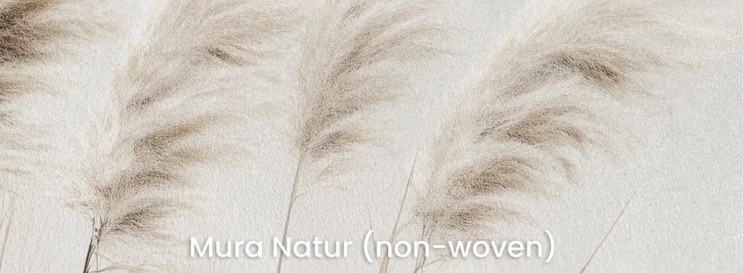 Zbliżenie na fototapetę WINDSWEPT DREAMS - tapeta z delikatnymi trawami na jasnym tle na naturalnym podłożu ekologicznym.