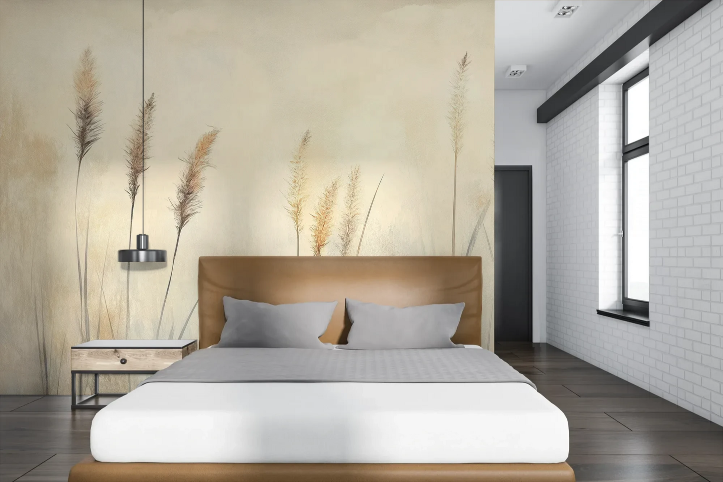 Wzór fototapety DELICATE MEMORIES - tapeta z mglistymi trawami o świcie pokazanej w aranżacji sypialni.
