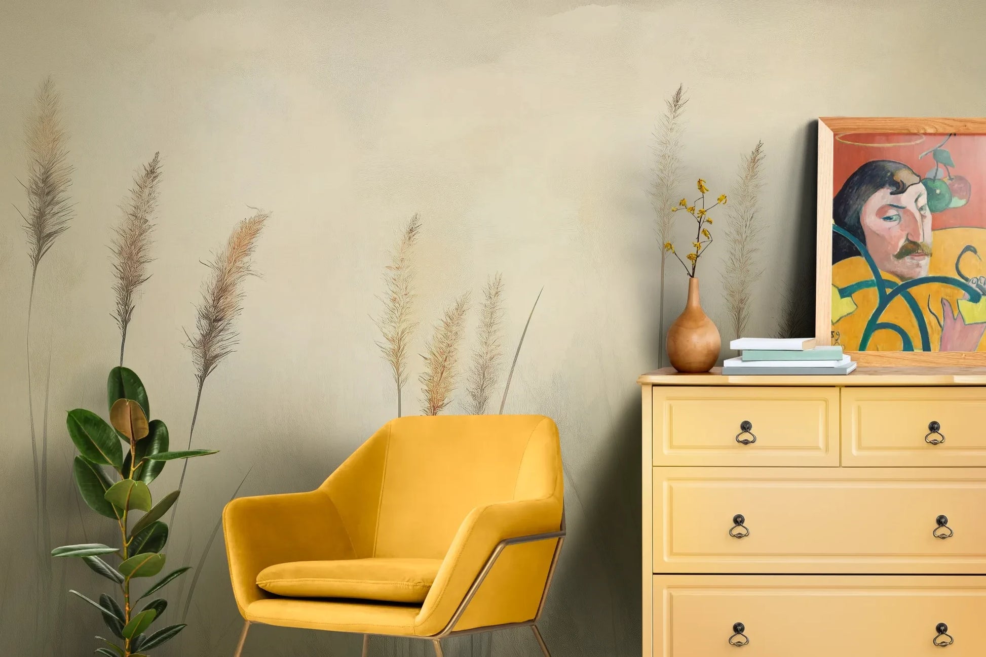 Wzór fototapety DELICATE MEMORIES - tapeta z mglistymi trawami o świcie pokazanej w aranżacji salonu.