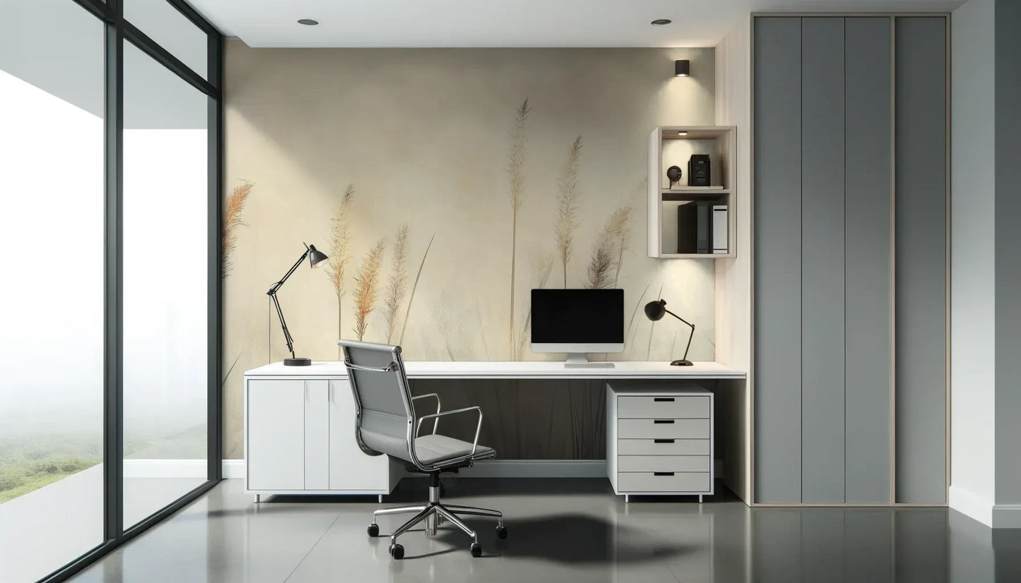 Fototapeta DELICATE MEMORIES - tapeta z mglistymi trawami o świcie pokazana w aranżacji biura.
