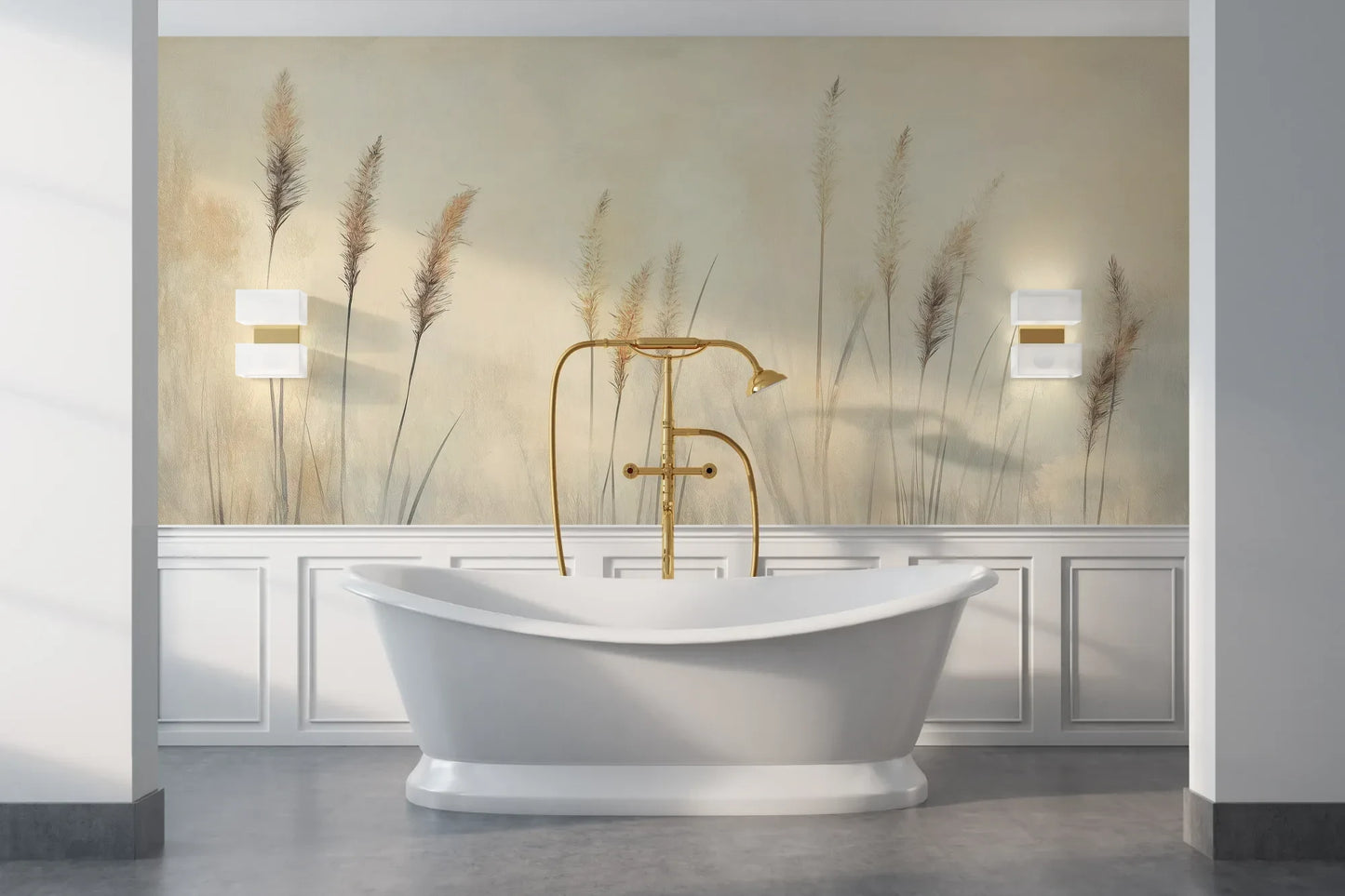 Wzór fototapety DELICATE MEMORIES - tapeta z mglistymi trawami o świcie pokazanej w aranżacji łazienki.