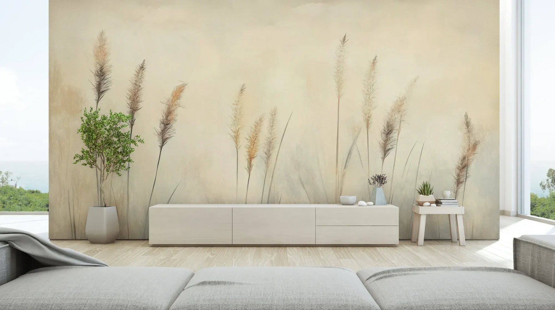 Wzór fototapety DELICATE MEMORIES - tapeta z mglistymi trawami o świcie pokazanej w aranżacji salonu.