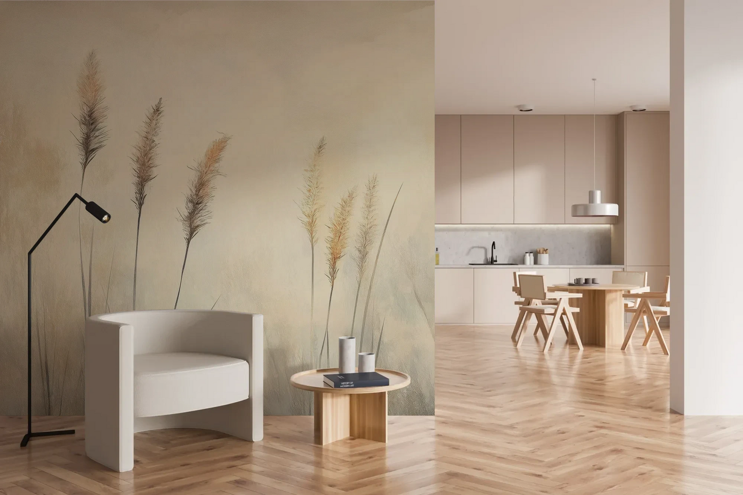 Wzór fototapety DELICATE MEMORIES - tapeta z mglistymi trawami o świcie pokazanej w aranżacji kuchni.