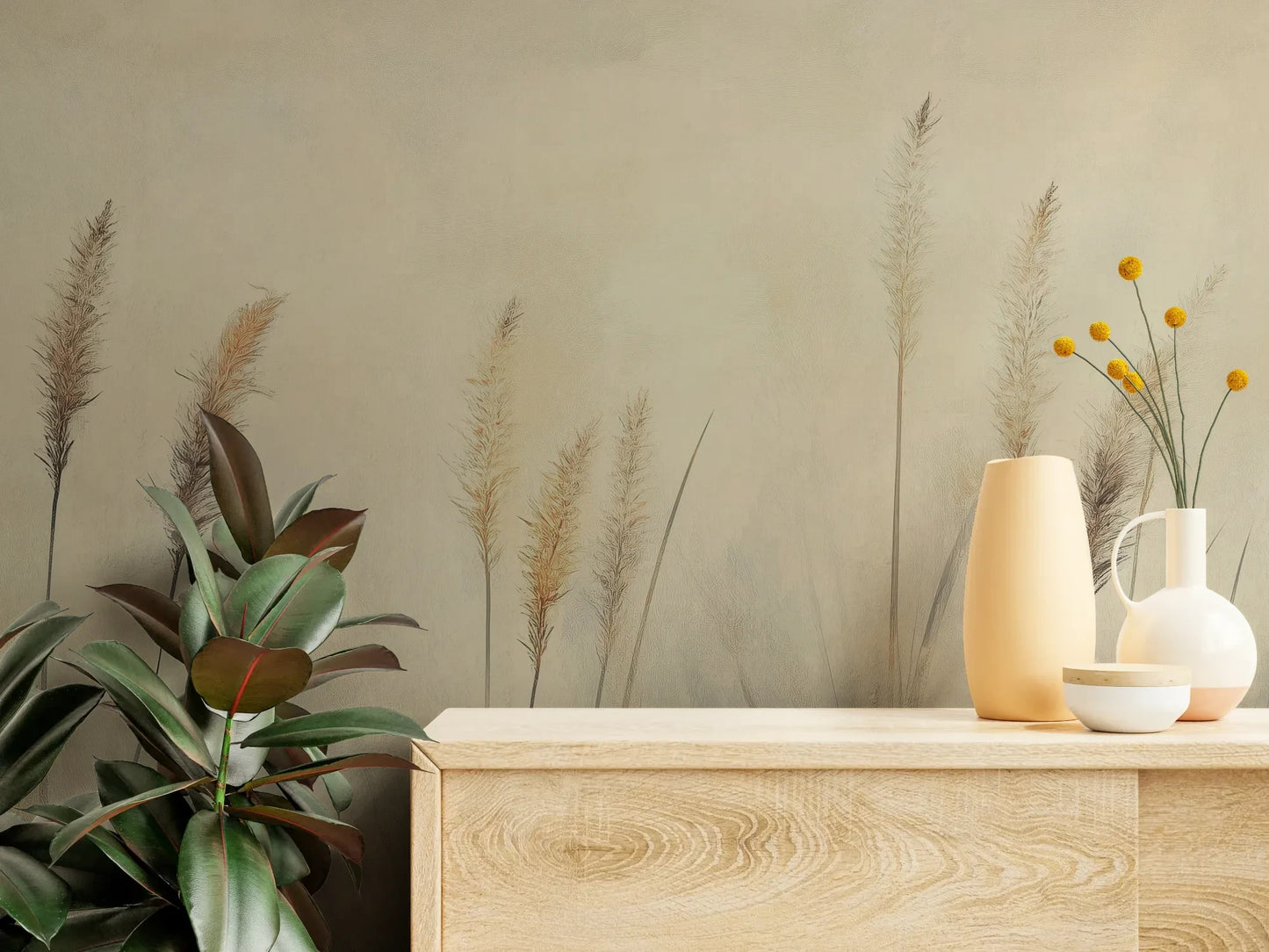 Fototapeta DELICATE MEMORIES - tapeta z mglistymi trawami o świcie pokazana w aranżacji wnętrza z akcentem na ścianie.