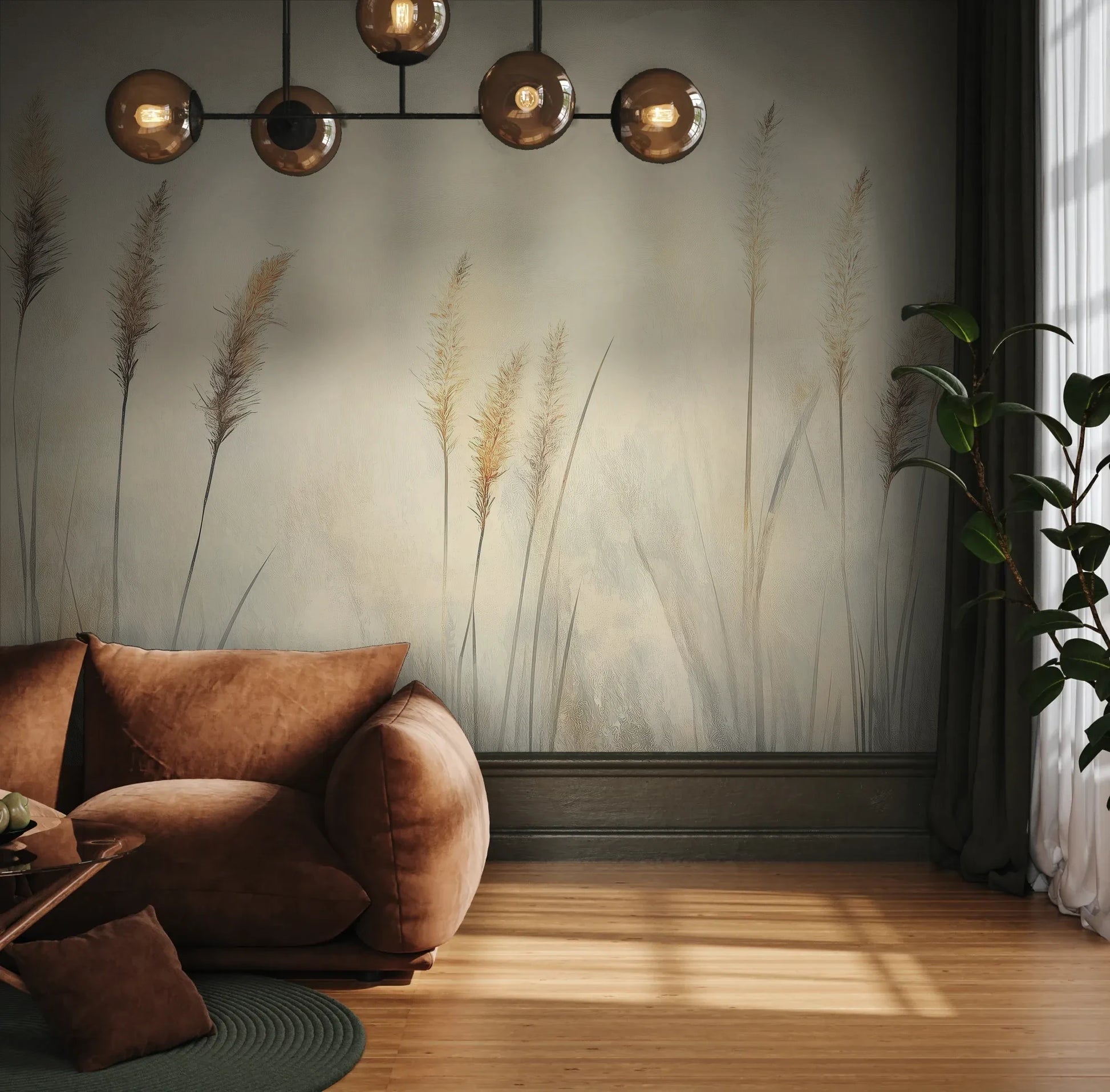 Fototapeta DELICATE MEMORIES - tapeta z mglistymi trawami o świcie pokazana w aranżacji wnętrza z akcentem na ścianie.