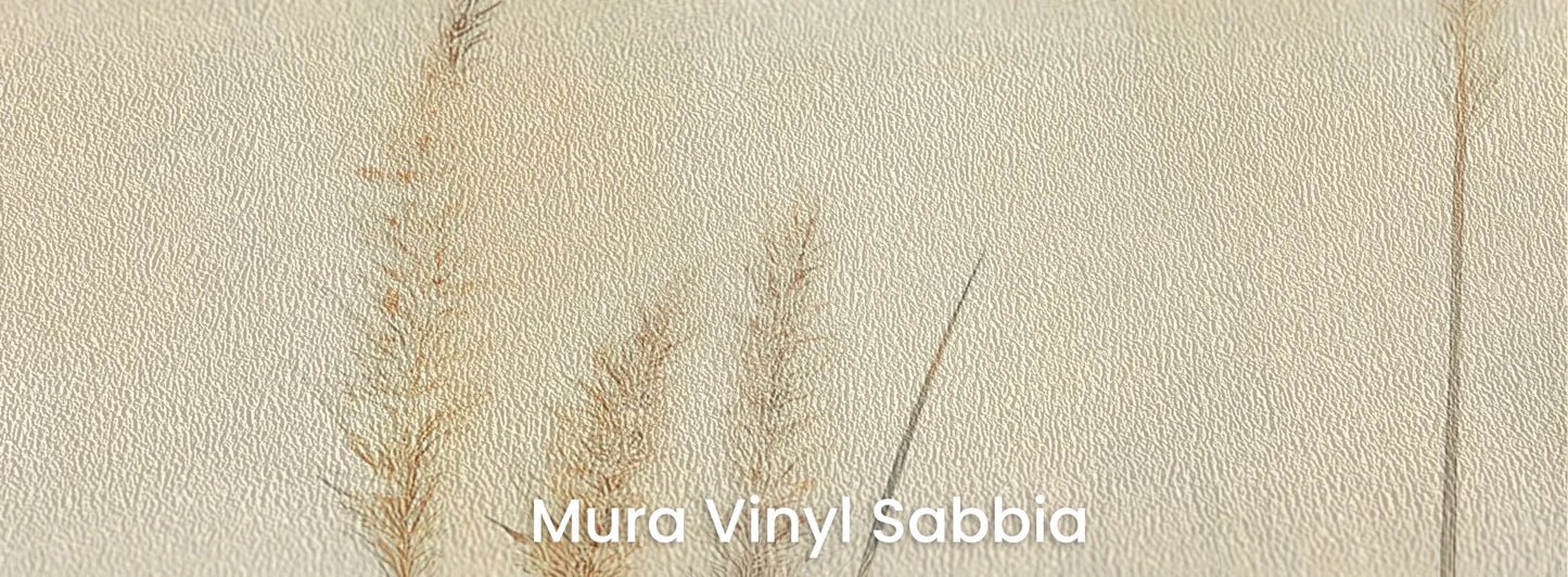 Zbliżenie na fototapetę DELICATE MEMORIES - tapeta z mglistymi trawami o świcie na podłożu o strukturze ziarna piasku.