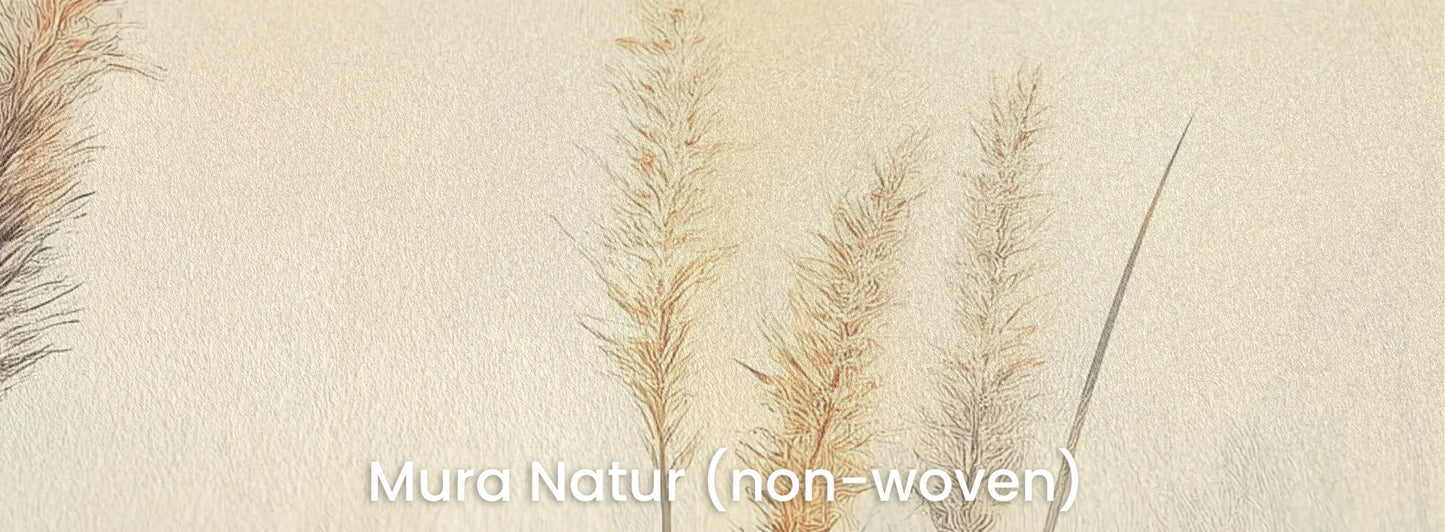 Zbliżenie na fototapetę DELICATE MEMORIES - tapeta z mglistymi trawami o świcie na naturalnym podłożu ekologicznym.