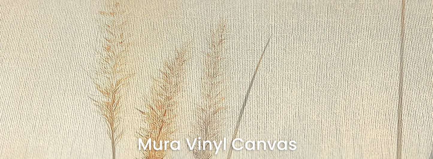 Zbliżenie na fototapetę DELICATE MEMORIES - tapeta z mglistymi trawami o świcie na podłożu o fakturze płótna.