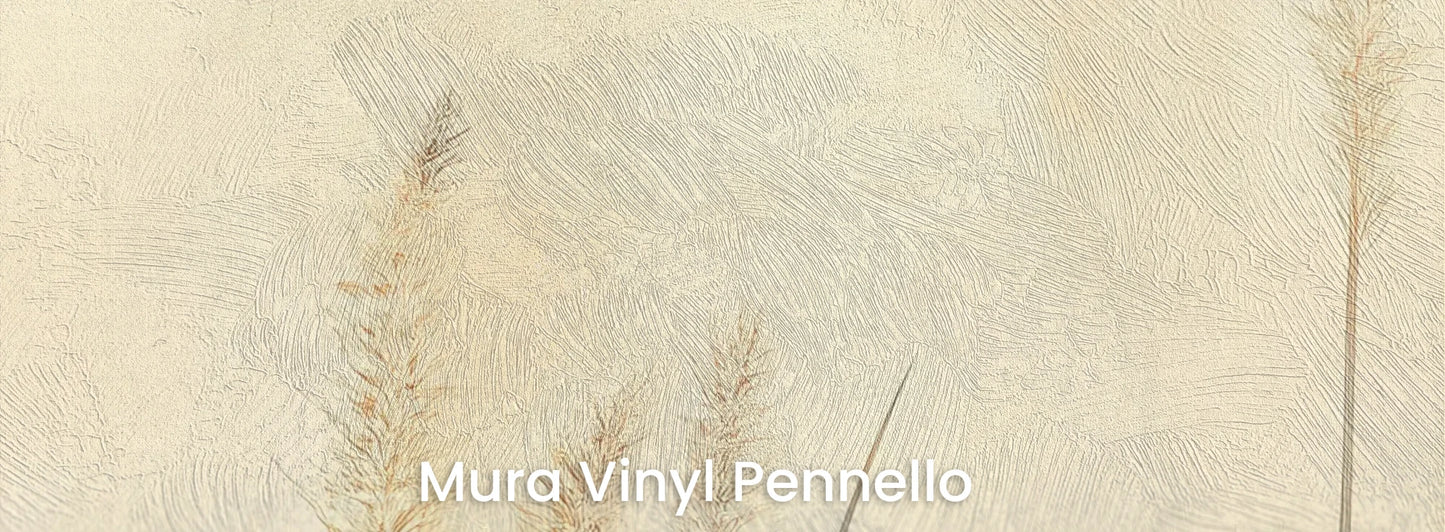 Zbliżenie na fototapetę DELICATE MEMORIES - tapeta z mglistymi trawami o świcie na podłożu o fakturze pociągnięć pędzla.