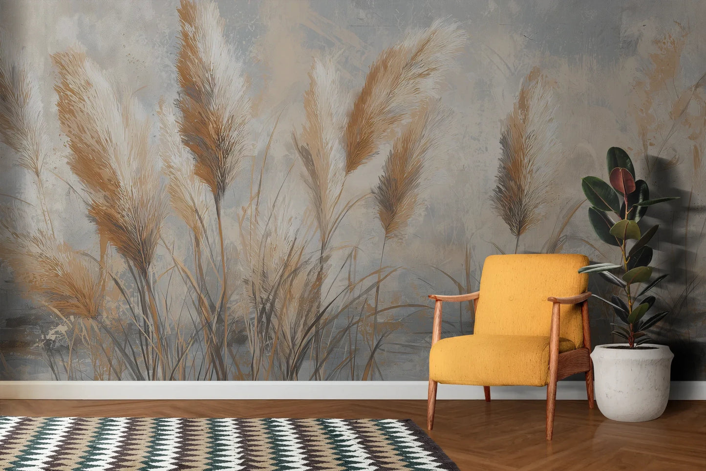 Wzór fototapety OPALINE HARVEST - tapeta z delikatną trawą pampasową pokazanej w aranżacji salonu.