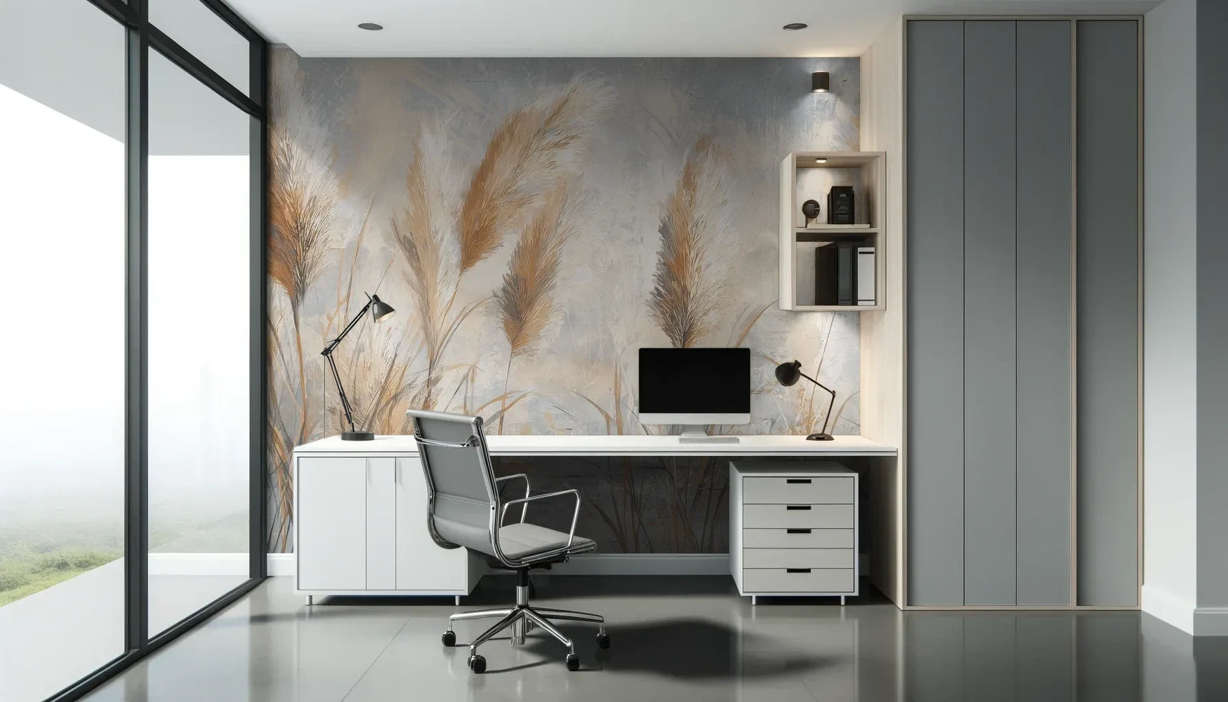 Fototapeta OPALINE HARVEST - tapeta z delikatną trawą pampasową pokazana w aranżacji biura.