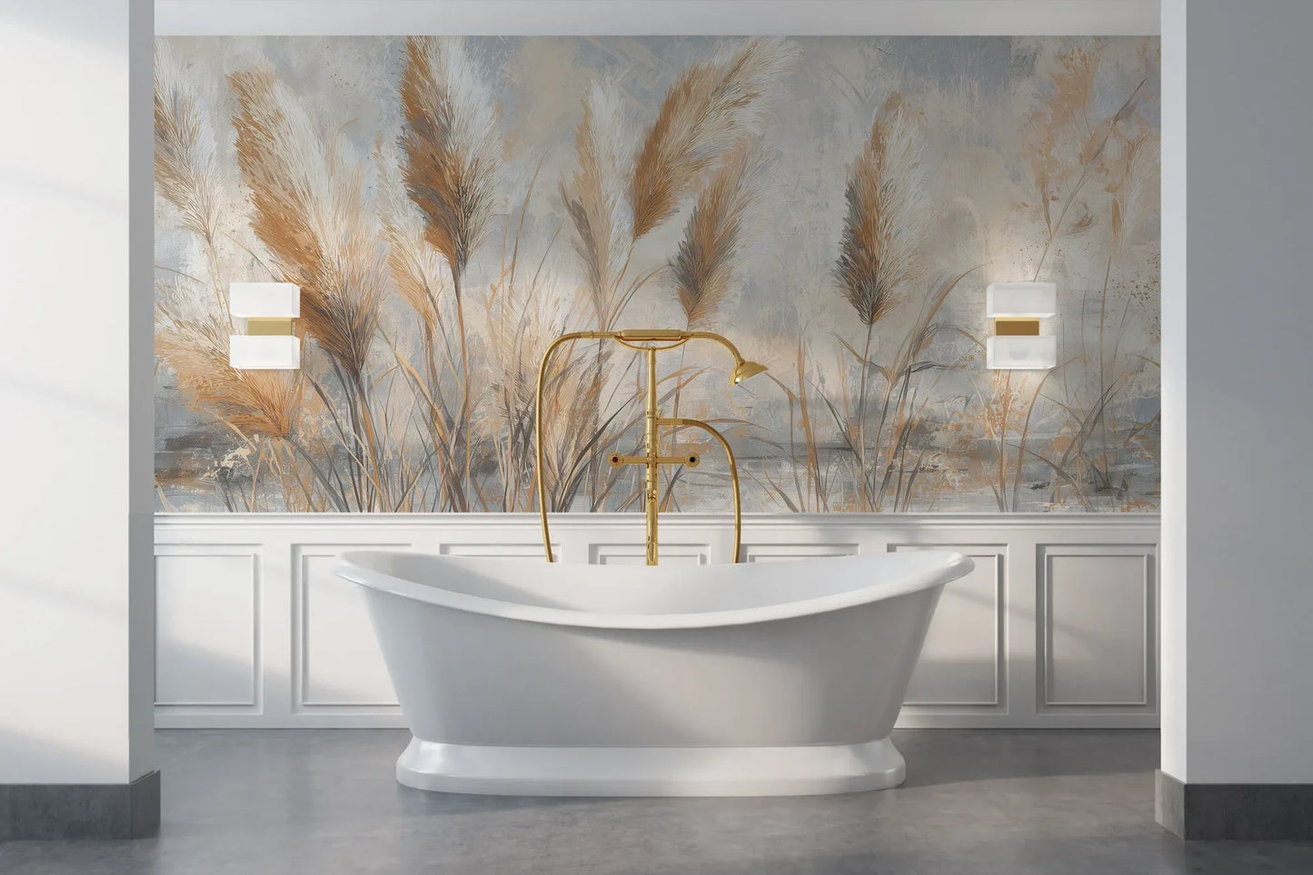 Wzór fototapety OPALINE HARVEST - tapeta z delikatną trawą pampasową pokazanej w aranżacji łazienki.