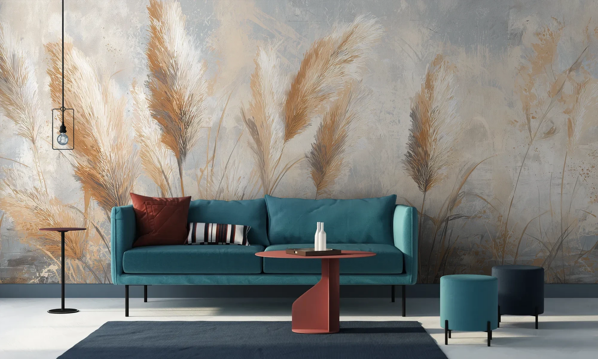 Wzór fototapety OPALINE HARVEST - tapeta z delikatną trawą pampasową pokazanej w aranżacji salonu.