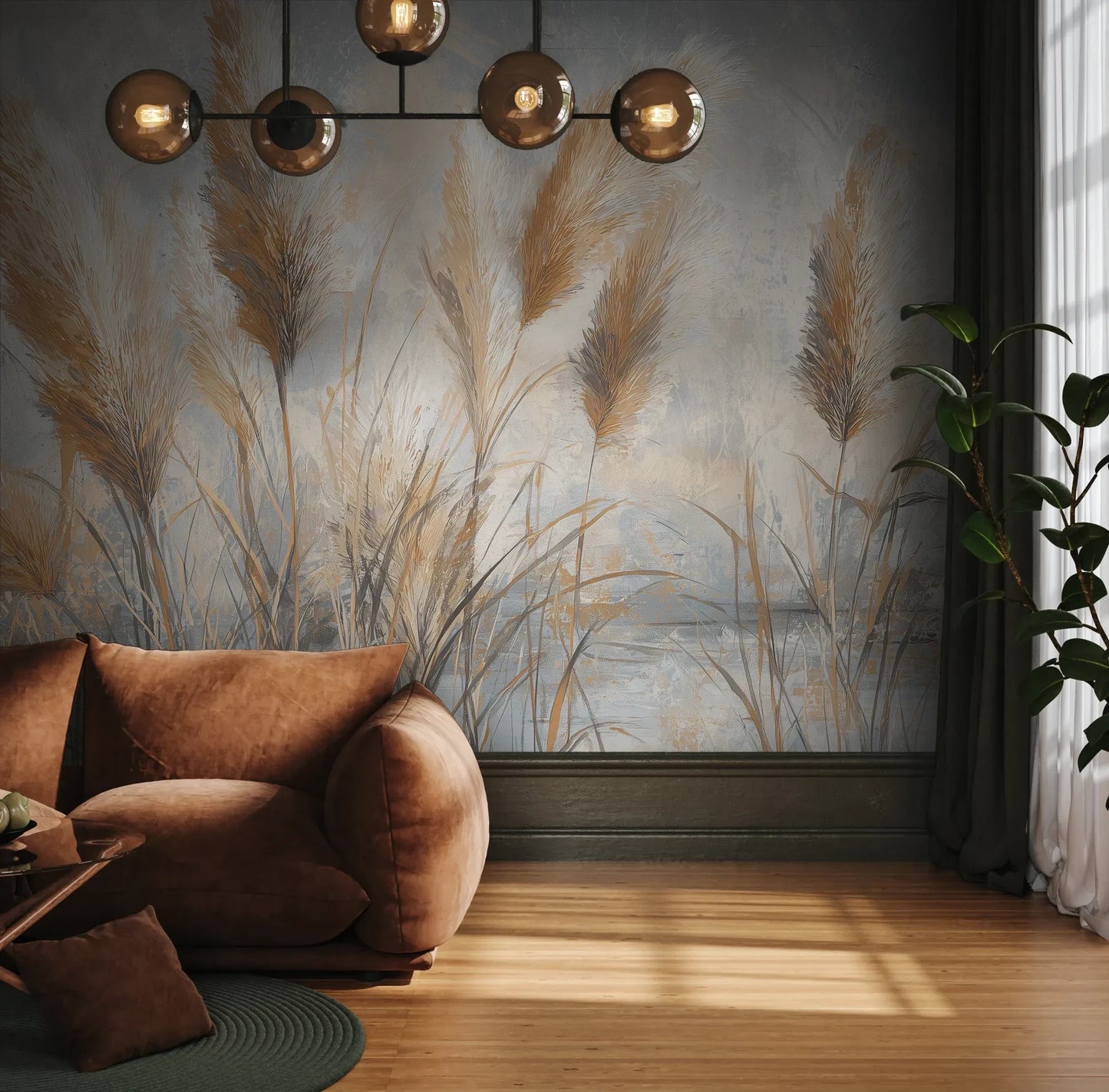 Fototapeta OPALINE HARVEST - tapeta z delikatną trawą pampasową pokazana w aranżacji wnętrza z akcentem na ścianie.