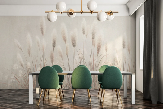 Fototapeta EARTHEN POETRY - tapeta z mglistymi trawami w kremowej tonacji pokazana w aranżacji jadalni.
