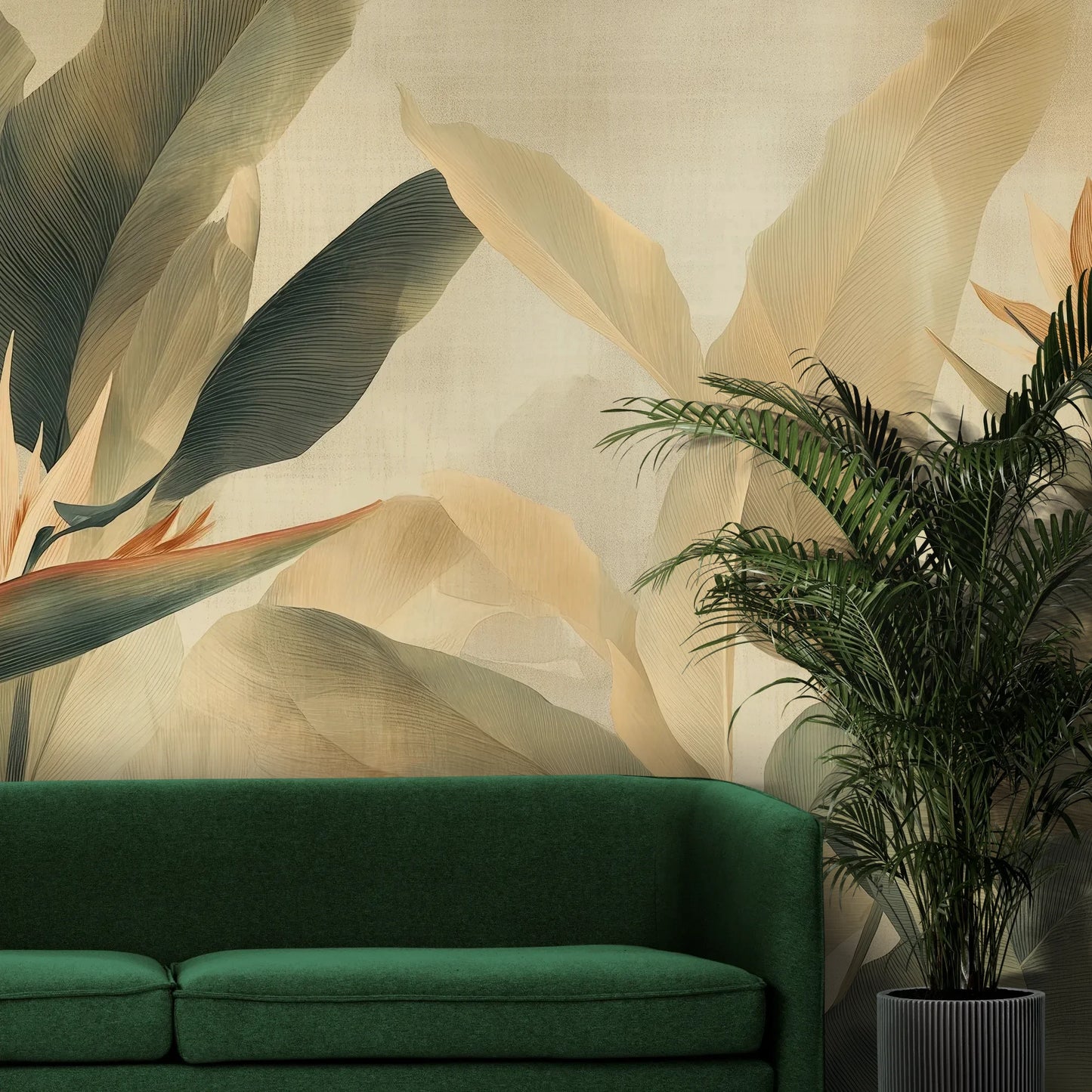 Fototapeta STRELITZIA BREEZE - tapeta z egzotycznymi kwiatami rajskiego ptaka pokazana w aranżacji wnętrza z akcentem na ścianie.