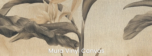 Zbliżenie na fototapetę BLOSSOM MIRAGE - tapeta z tropikalnymi kwiatami w sepii na podłożu o fakturze płótna.
